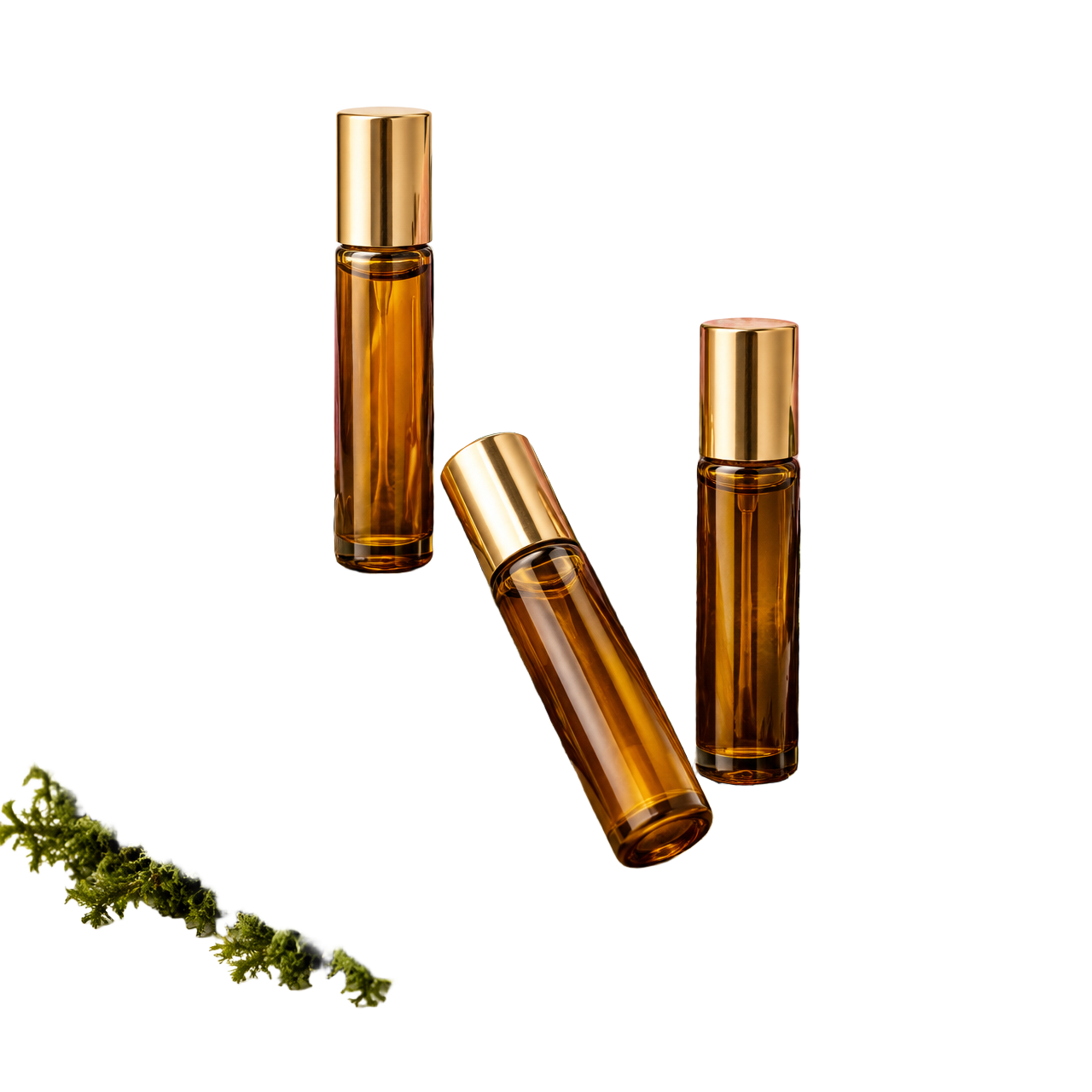 Oil-based fragrance roller bottles among moss and botanicals