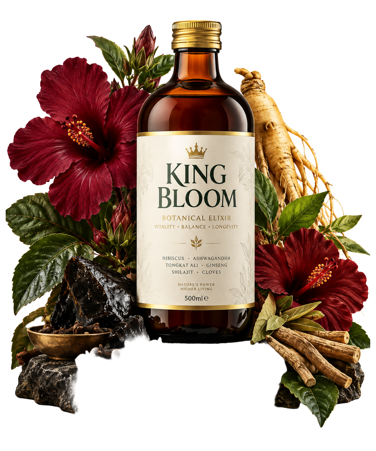 King Bloom Juice surrounded by hibiscus, roots and forest foliage