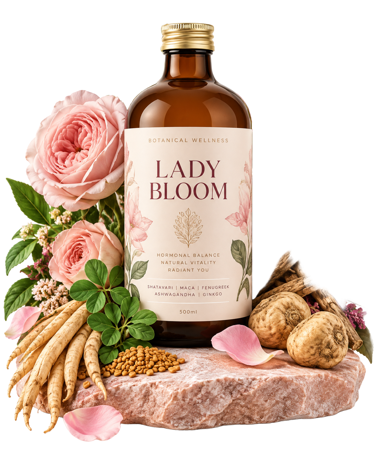 Lady Bloom surrounded by roses and botanical ingredients