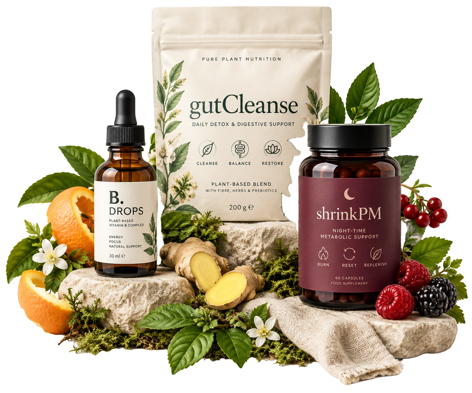 B. Drops, gutCleanse and shrinkPM arranged among citrus, berries and ginger