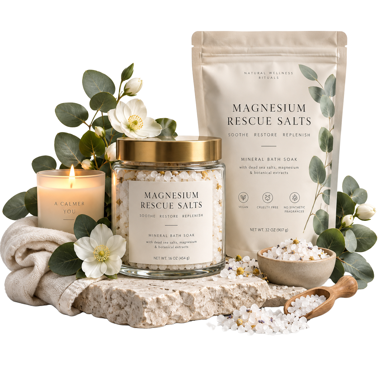 Magnesium Rescue Salts among eucalyptus, white flowers and candlelight